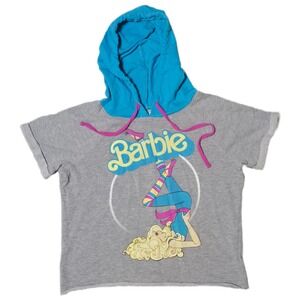 Barbie Hoodie T-Shirt Top Graphic Print Blue‎ Hood Short Sleeve Girls  XS
(Y)